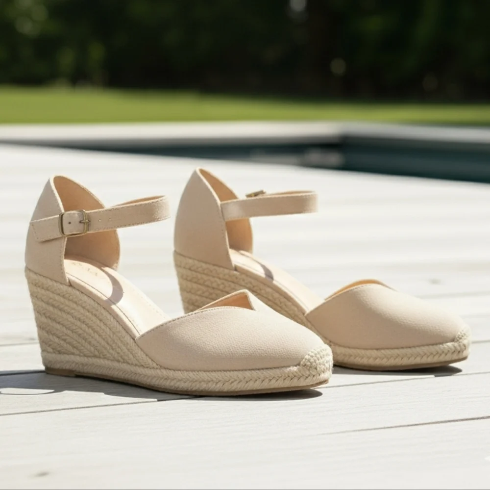 Tonivis Women's Leather Beige Ankle Strap Wedge Espadrilles Size 7.5